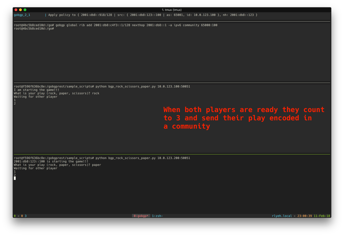 dbarrosop's tweet photo. I wrote an app to play rock, paper, scissors with your peers using GoBGP. If any IXP wants to organize an eSports event using only BGP as a message bus let me know :P https://t.co/YzvYzJKYEw