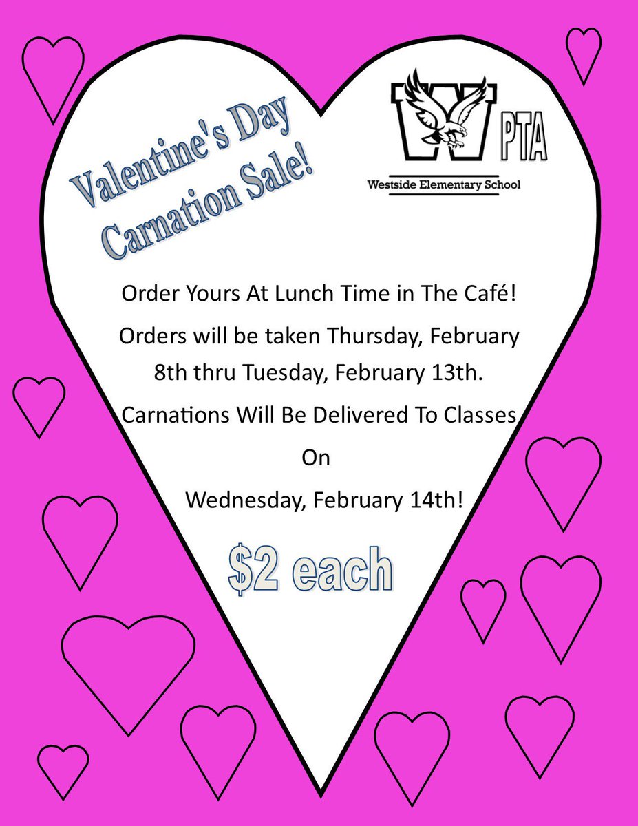 It’s not too late! Carnation orders are being taken at lunch time in the Cafe thru Tuesday! Delivery to classrooms will be Wednesday! #WESDaytona <a href="/tdixon1972/">Tamla Dixon</a> <a href="/tanfrankqj/">Willie Williams</a> <a href="/WestsideVCS/">Westside Elementary</a>