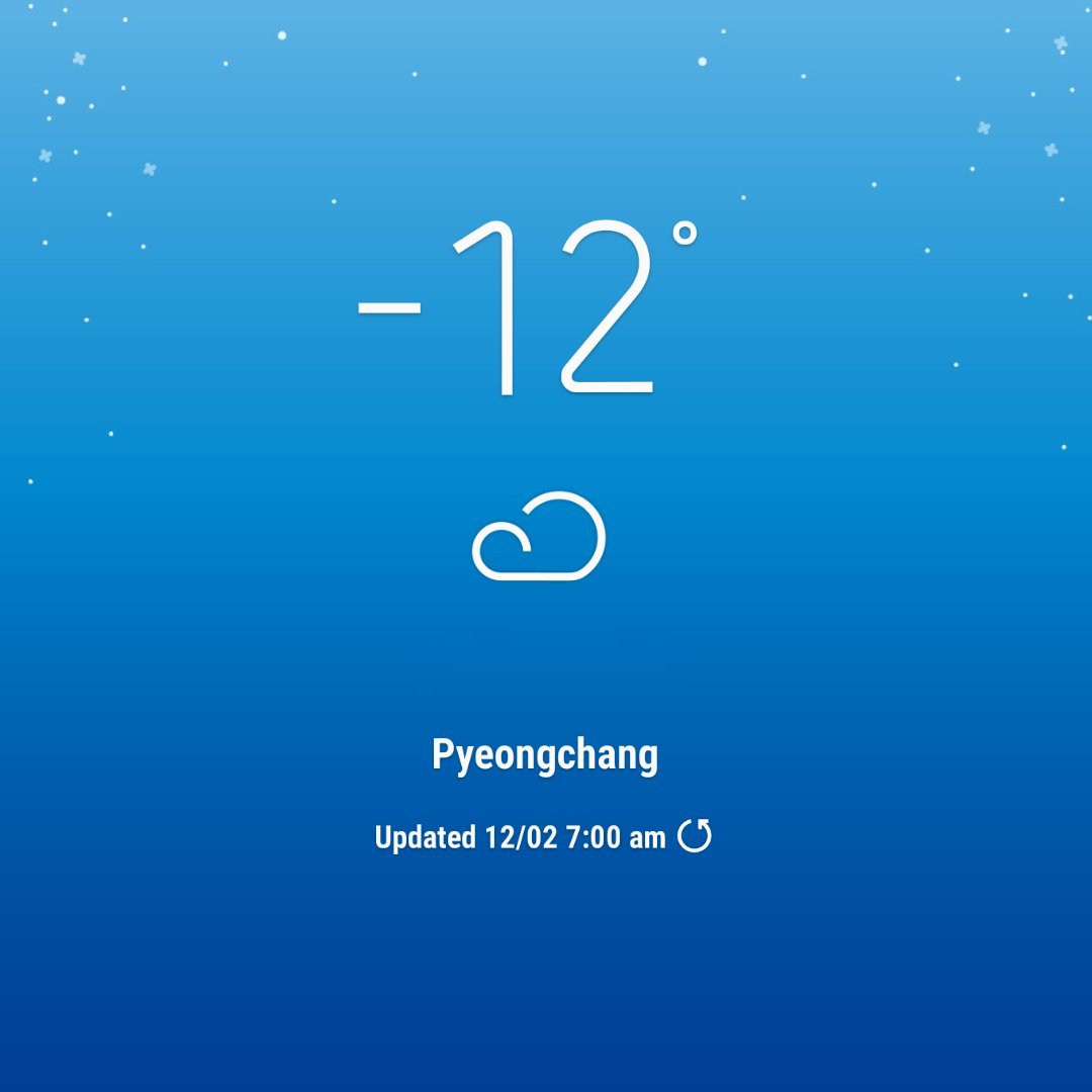 gangwon2024's tweet photo. Today's PyeongChang weather update #12Feb2018 ⛅
Lows of -17c and Highs of -4c.
Mondays are good when #Pyeongchang2018 is on!✨
🌡#오늘의평창 #2월12일 최저 영하17도 ~ 최고 영하4도 ⛅
새로운 한 주! #2018평창 과 함께라면 월요병도 극복!
#PyeongChang #Weather #forcast #WinterGames https://t.co/7UDik0SoCS