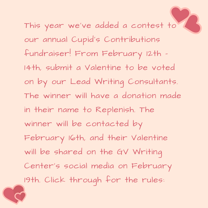 GVWritingCenter's tweet photo. This year, we’ve added a #contest to our #ValentinesDay #fundraiser! Click through the pictures to learn more.
❤️❤️❤️
#Valentine #BeMine #FredMeijerWC #GVWC #GVWritingCenter #FMCFWAMALY #Lakers #GVSU #Student
#University #Writing #WritingCenter
#WritingConsultant #Michigan https://t.co/UGJ93McKeI