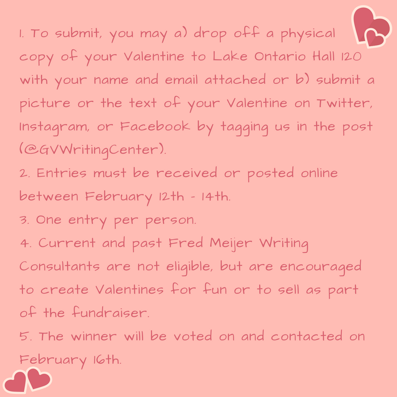 GVWritingCenter's tweet photo. This year, we’ve added a #contest to our #ValentinesDay #fundraiser! Click through the pictures to learn more.
❤️❤️❤️
#Valentine #BeMine #FredMeijerWC #GVWC #GVWritingCenter #FMCFWAMALY #Lakers #GVSU #Student
#University #Writing #WritingCenter
#WritingConsultant #Michigan https://t.co/UGJ93McKeI