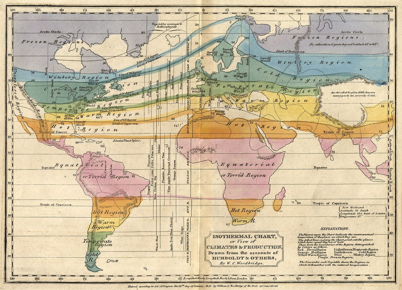 Oguchi T 小口 高 13年に発表された世界の気候区分図 T Co Fch2i7t44d 米国の地理学者のウッドブリッジが ドイツの地理学者のフンボルトなどから知識を得て制作 後に提案され 今も使われているケッペンの気候区分に比べて相当大ざっぱだが
