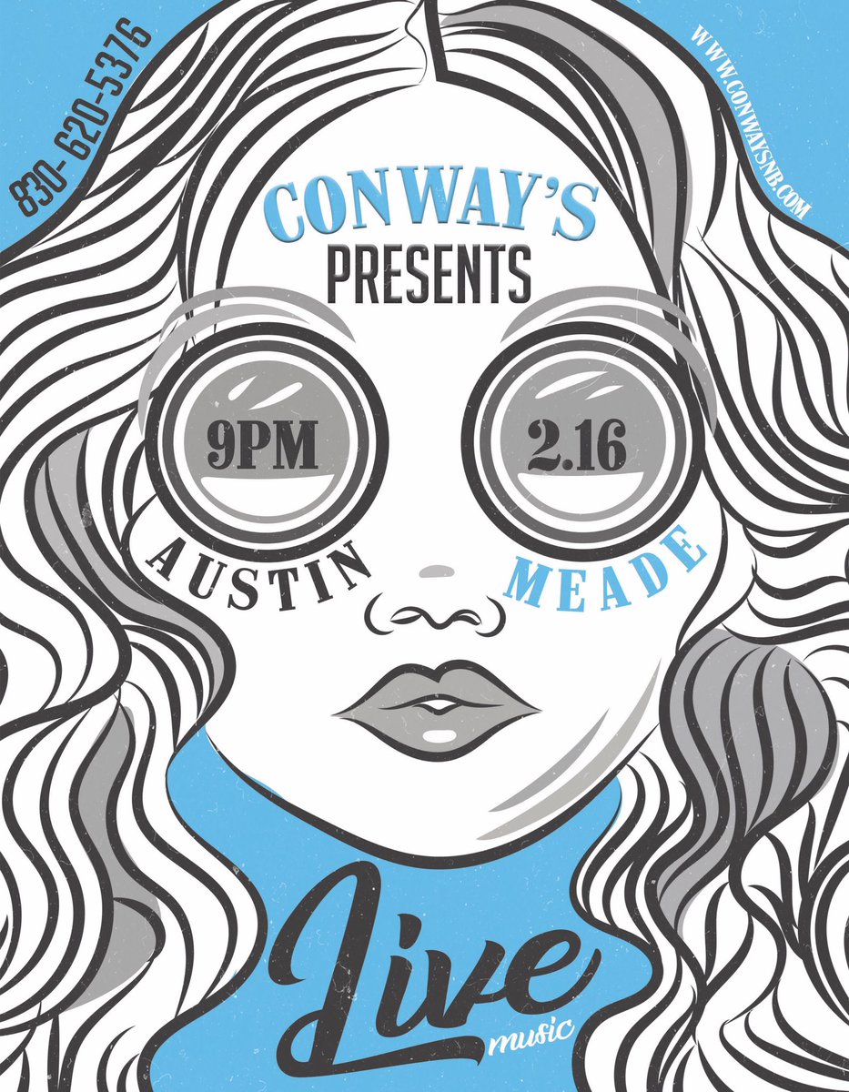 Conways_NB's tweet photo. Mark your calendars! @Austin_Meade live at Conway's this Friday, 2.16! #conwaysnb #austinmeade #livemusic #nbtx https://t.co/uvLeI98eLQ