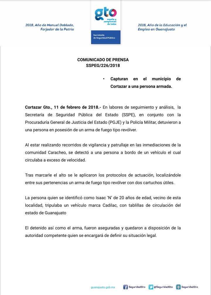 #Cortazar | Es detenida una persona en posesión de un arma de fuego tipo revólver tras labores de seguimiento y análisis de la SSPE en conjunto con la PGJE y con la #PolicíaMilitar. 

<a href="/AlvarCdeV/">Alvar Cabeza de Vaca Appendini</a> <a href="/carloszamarr/">Carlos Zamarripa Aguirre</a>
