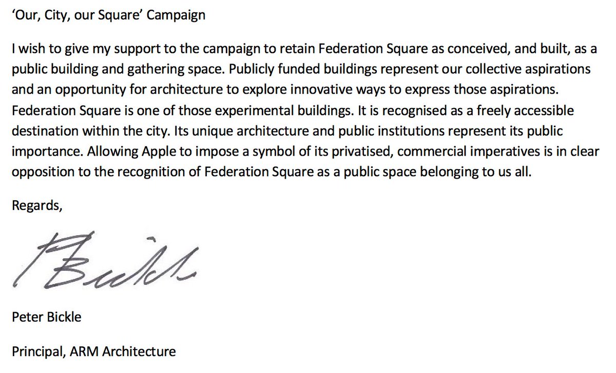OurFedSquare's tweet photo. Peter Bickle, Principal @ARMarchitects, helped design and deliver @FedSquare with Lab/Bates Smart.

Bicle writes: 'Allowing Apple to impose ... is in clear opposition to [its recognition] as a #publicspace belonging to us all.'

#CitizensForFedSquare
#OurCityOurSquare
Please RT! https://t.co/mdhL97gyWa