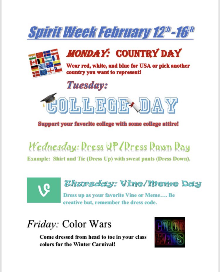LHS__Stuco's tweet photo. Spirit week starts tomorrow!! Show your school spirit with these themes! https://t.co/W24pqRGysv