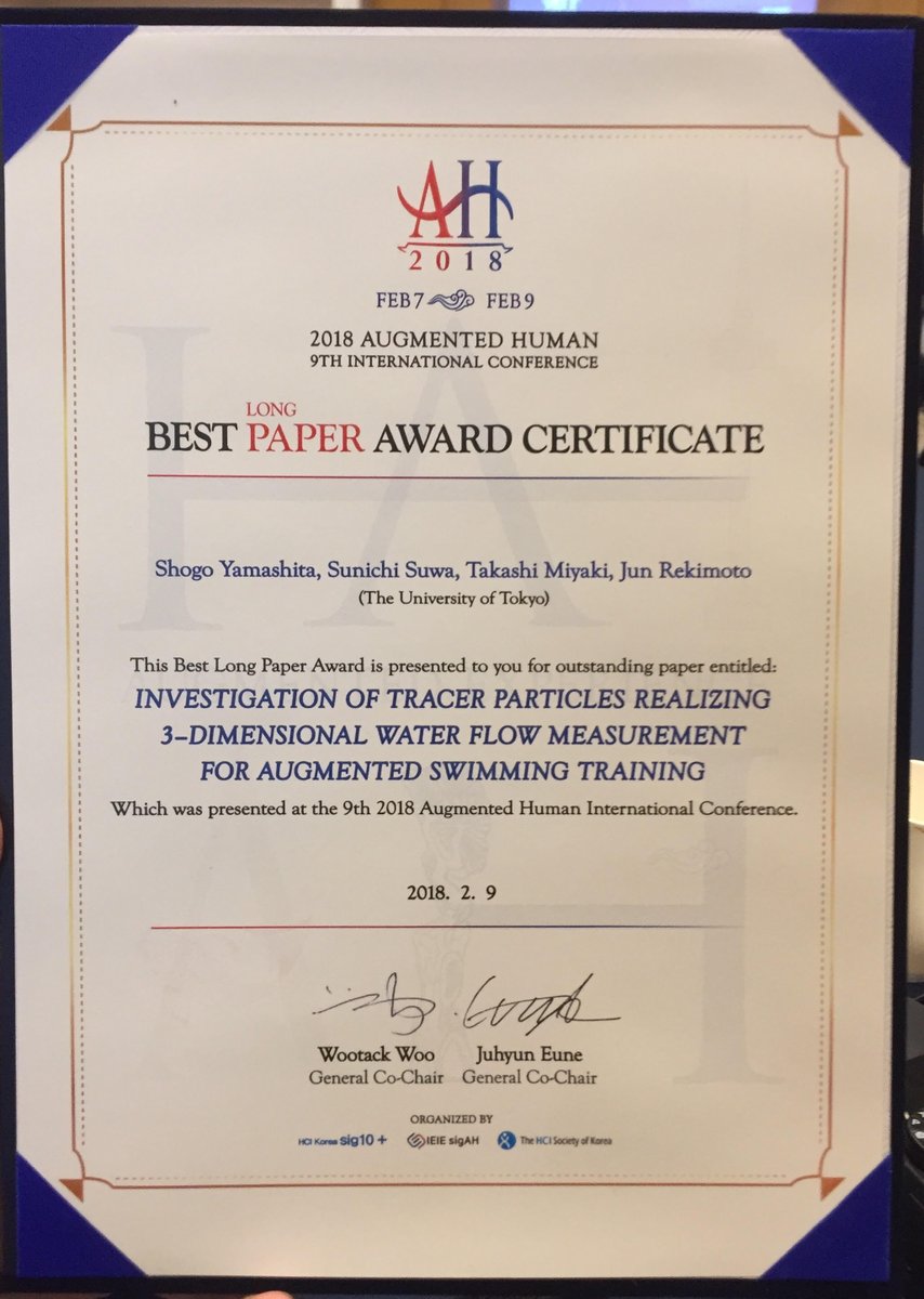 Jun Rekimoto: 暦本純一 (@rkmt) on Twitter photo my student Shogo Yamashita won the best paper award at #AugmentedHuman 2018 ! <a href="/augmented_human/">Augmented Human</a> congrats!
sigah.org/AH2018/ my student Shogo Yamashita won the best paper award at #AugmentedHuman 2018 ! <a href="/augmented_human/">Augmented Human</a> congrats!
sigah.org/AH2018/