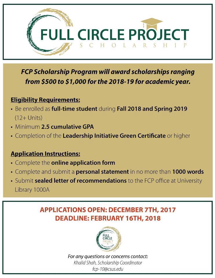 TAPOPOfficial's tweet image. FCP Scholarship Program

Awards ranges from $500 - $1,000. For more information or to apply, please click the link below: 
csus.edu/fcp/fcpscholar… .

The deadline to apply is coming Friday, February 16th, 2018 by 5:00 P.M.

#FCPatSacState #TAPOP #SacState
