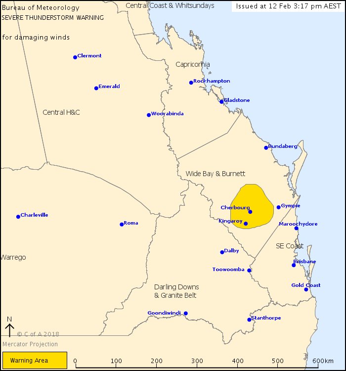 ABCemergency's tweet image. #Qld ⚡☁⚡ It's begun - the first severe #thunderstorm warning for #Queensland for the day has been issued. 

First up #Kingaroy, #Cherbourg, #Wondai and #Murgon in the Wide Bay Burnett may cop DAMAGING WINDS: bit.ly/2jOdxhf