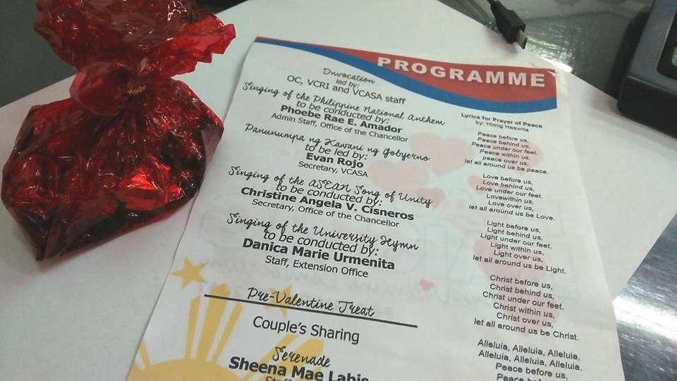 ustposacdo's tweet photo. o the Office of the Chancellor, VCRI and VCASA Personnel &amp; Staff, thank you for being incharge of the Flag Raising ceremony with a heart (literally and figuratively.) Also with your thoughtfulness -- loved the chocolates for this Valentine's.
#excellentPreps
#RaisingBars
#TopThat https://t.co/5RZSQw0K9b
