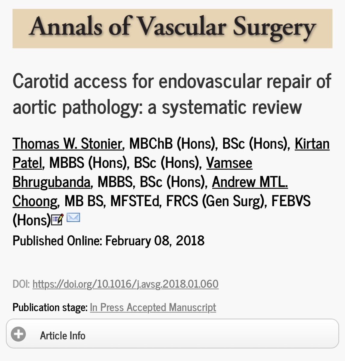 singvasc's tweet image. @singvasc smashing 2018. Our third accepted paper this year. So very proud of the team. Continuing the theme of carotid access for large bore endovascular procedures. Please share widely and give us feedback! #SingVaSC doi.org/10.1016/j.avsg…