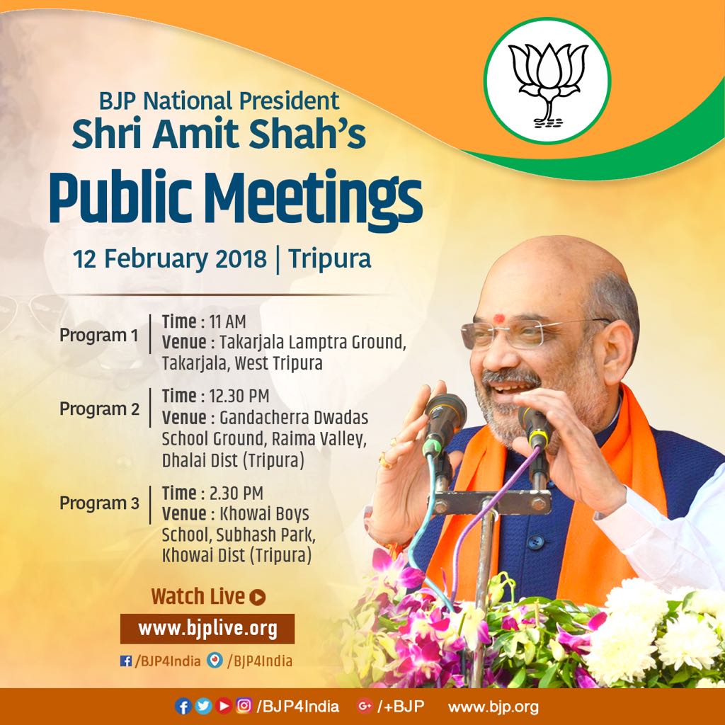 BJP4India's tweet photo. BJP National President Shri @AmitShah to address three election rallies in Takarjala, Dhalai district and Khowai district, Tripura today. Get updates at @BJP4India, @BJP4Tripura and @BJPLive. https://t.co/8MW4QC7cj7