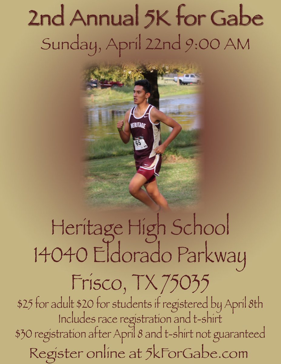 HeritageStuCo's tweet photo. the 2nd annual 5k for Gabe is coming up soon! make sure to sign up!! https://t.co/wtYR5v0hf9