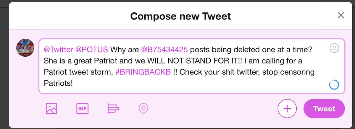 PithyPins's tweet photo. #BRINGBACKB STOP SILENCING PATRIOTS!! @POTUS @B75434425
B's tweets are being deleted one at a time folks, let twitter know we will not stand for it!! Tweetstorm in support of B!! https://t.co/3kP05Ktglh
