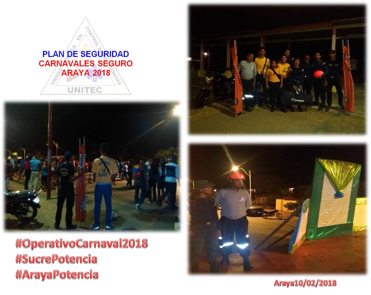 Unitec_Cna's tweet photo. Equipo Tecnico de @Unitec_Cna Preventivo en Actividades Nocturnas de Eleccion de Minireina y Reina del Mcpio.CruzSalmeronAcosta. #CarnavalesSeguros2018 #SucrePotencia #ArayaSegura @PCADRAICSucre @jjAcosta2021 https://t.co/InAfPLApJ4
