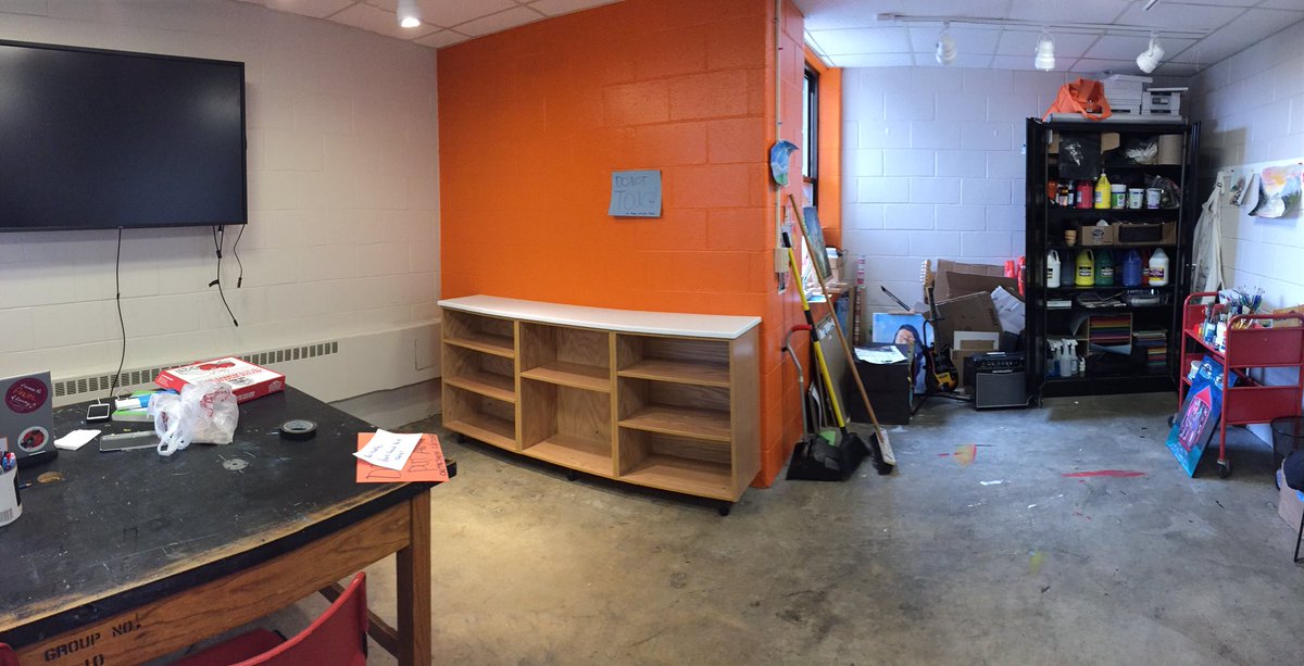 VTStudio72's tweet photo. Huge shout out to @VTHRL Facilities crew, specifically Todd and Dave, for this beautiful custom cabinet for our space. Clearly we need help organizing, thanks for your amazing work! @vtdsa #VTStudio72 #TheArtsLiveHere #artistswanted https://t.co/pl6mV3aaWw