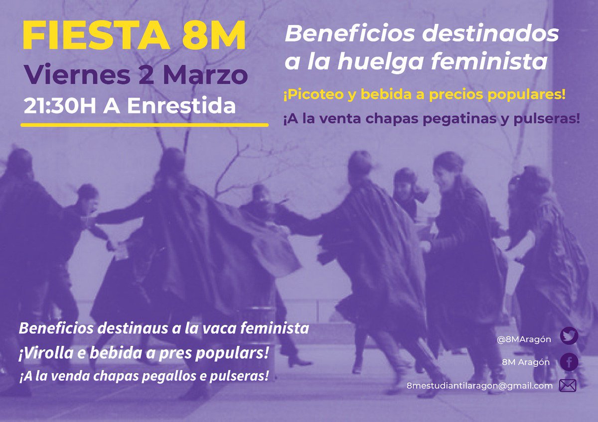 8MAragon's tweet photo. Este viernes 2 en a enrestida, ¡fiesta feminista! 🎉💜

 ¡Picoteo, bebida, chapas, pegatinas y pulseras! Todo para financiar la huelga https://t.co/26ZXz0QDrF
