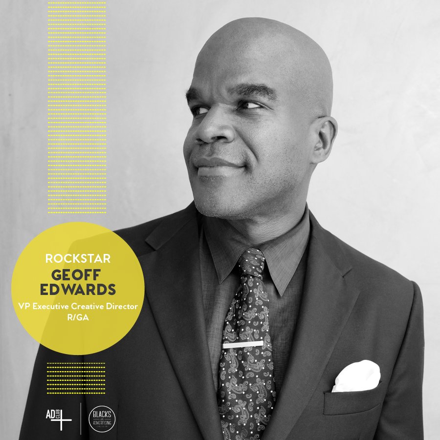 AdClubNY's tweet photo. Congratulations today's Rock Star, Geoff Edwards - newly appointed VP, Executive Creative Director, R/GA, LA - You Rock! Check out his journey: https://t.co/DvN5WcUGqG #BLKSINADV #BHM https://t.co/upOrUd2nGn https://t.co/MnXLfwvyH9