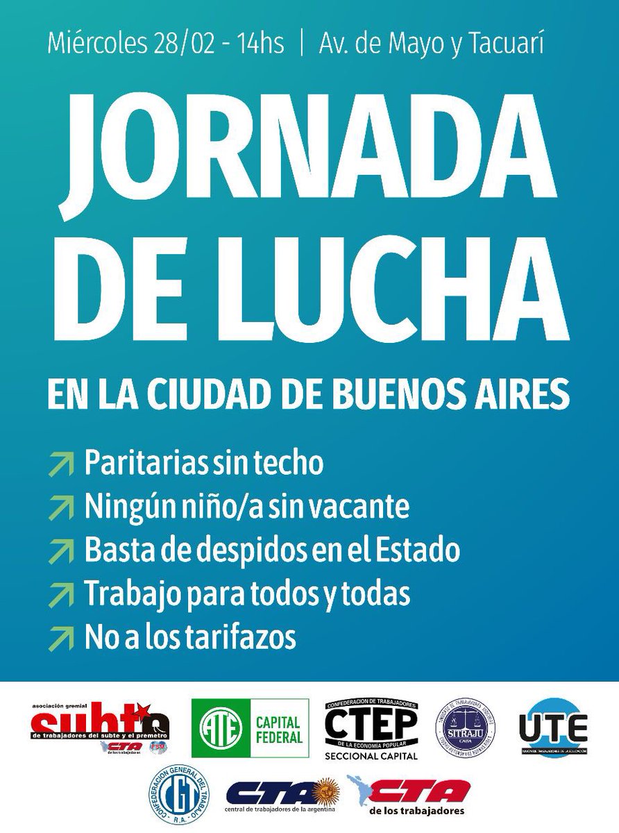 DanielCatalano_'s tweet photo. 📅 Miércoles 28/02 - 14hs
📌 JORNADA DE LUCHA EN LA CIUDAD DE BUENOS AIRES

Contra los despidos, contra el ajuste y los tarifazos, por trabajo y salario digno para todos y todas. 📝▶️ https://t.co/CojW1kGaVZ

#ElSalarioNoAlcanza
#ParitariasSinTecho
#BADespide https://t.co/DQFymULc72