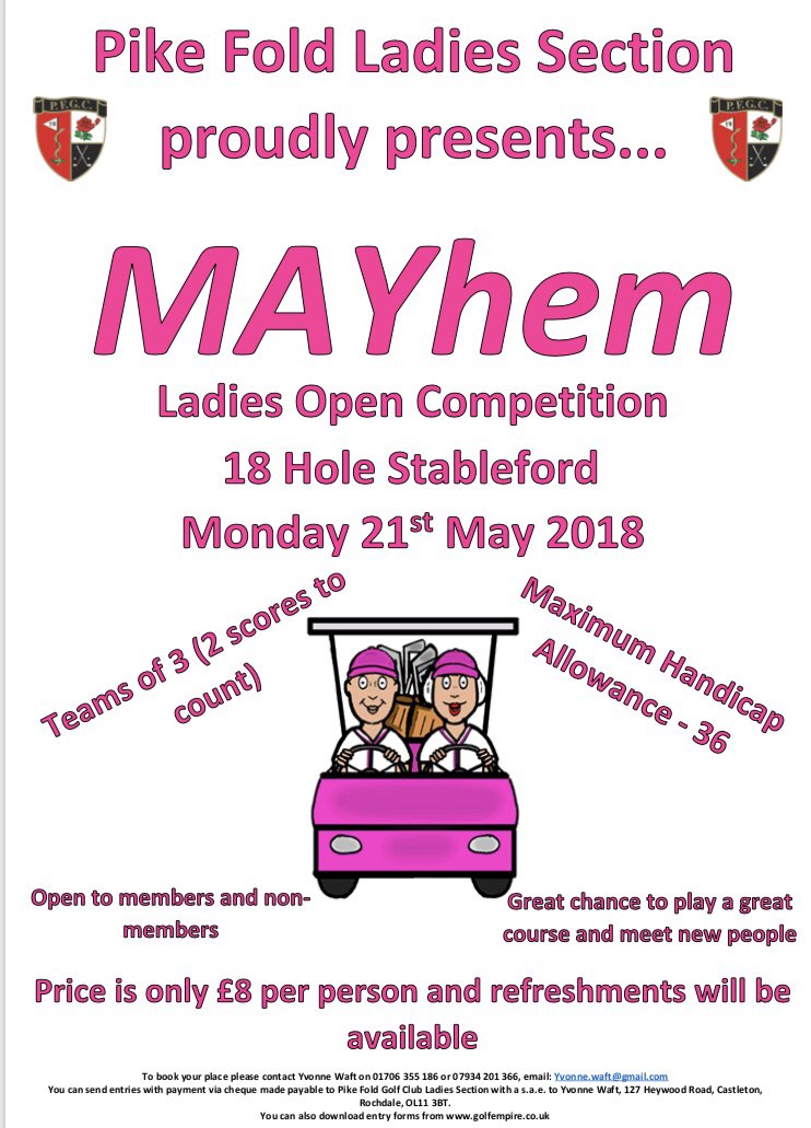 ***⛳️🏌🏼‍♀️Attention all Lady Golfers, Pike Fold Ladies Section present MAYhem..18 hole open competition open to members and non members #ladiesgolf #joinin #opencompetition  #GetInvolved 🏌🏼‍♀️⛳️*** Please RT