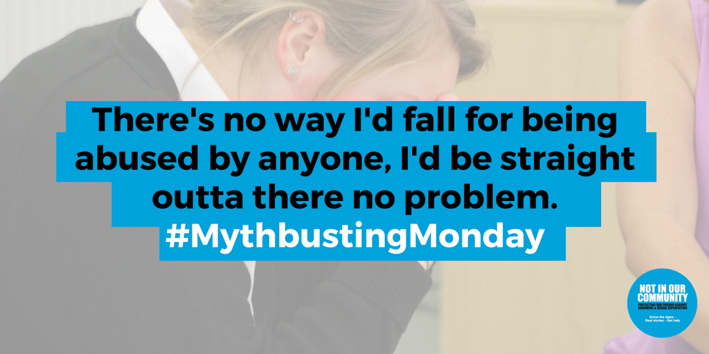 NotInOur's tweet photo. Abusers can be subtle and controlling so even the most stubborn people may not see it. Abuse isn't just violent or just emotional, and it's often wrongly justified as 'passion' or 'love', or even as a personality flaw in the abuser or the abused. #mythbustingmonday https://t.co/nUW7o2uo4d