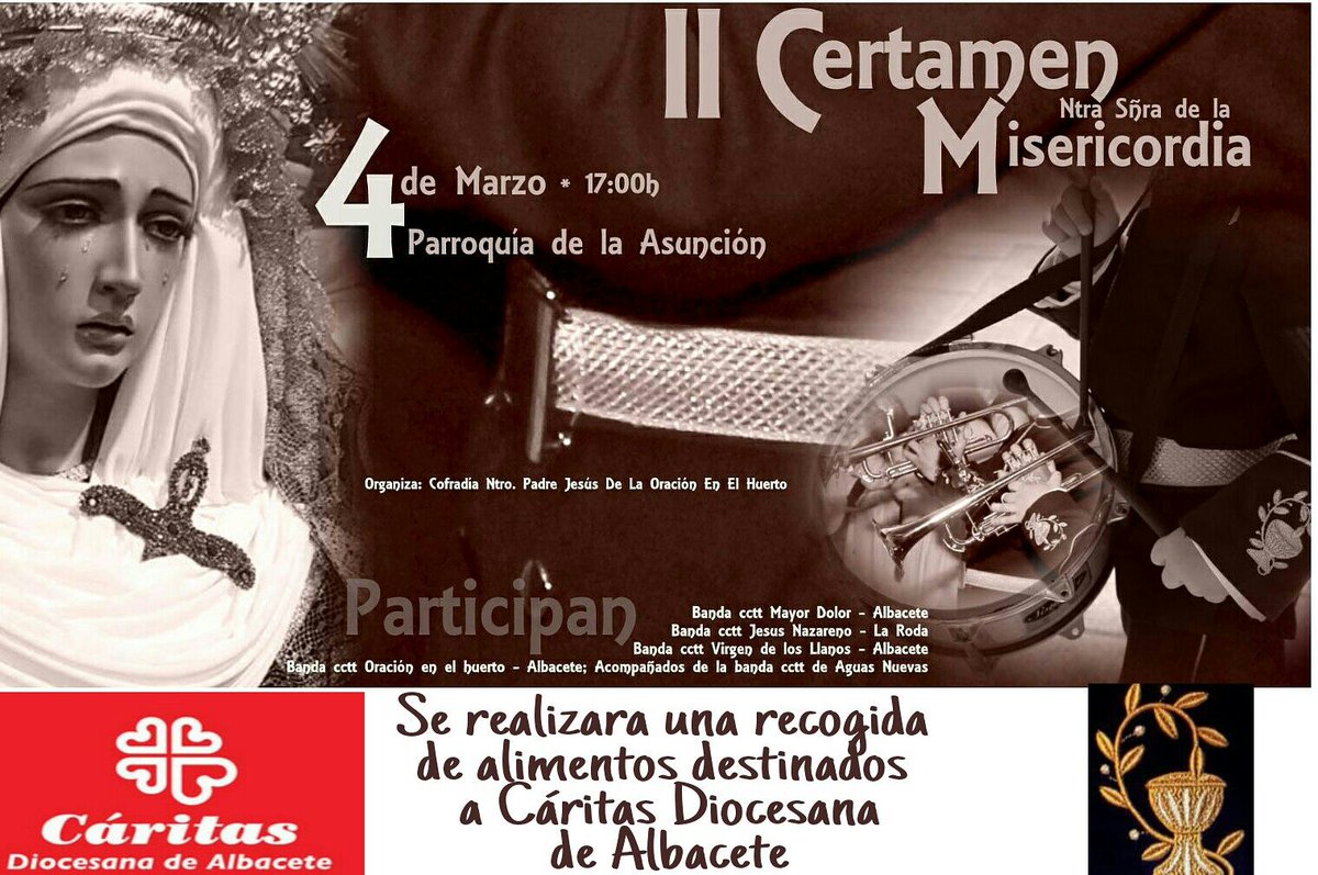 El próximo día 4 de marzo con motivo de nuestro certamen, también vamos a realizar una recogida de alimentos a favor de <a href="/CaritasAlbacete/">Cáritas Albacete</a>, os animamos para que participéis y pongáis un granito de arena