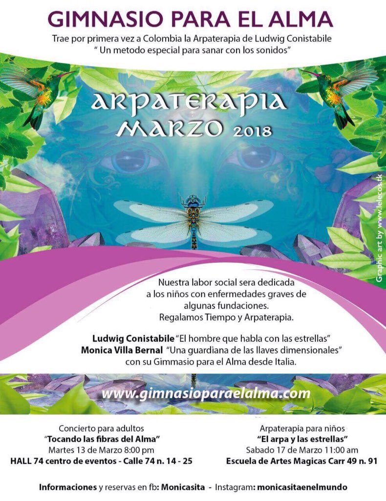 Gimnasio Para El Alma trae por primera vez a Colombia la Arpaterapia de Ludwig Conistabile este 13 de marzo en Hall 74, te esperamos, más información en gimnasioparaelalma.com #hall74 #hall74centroeventos #gimnasioparaelalma #sanar #sanarconlosoidos #curandoysanando #eventos