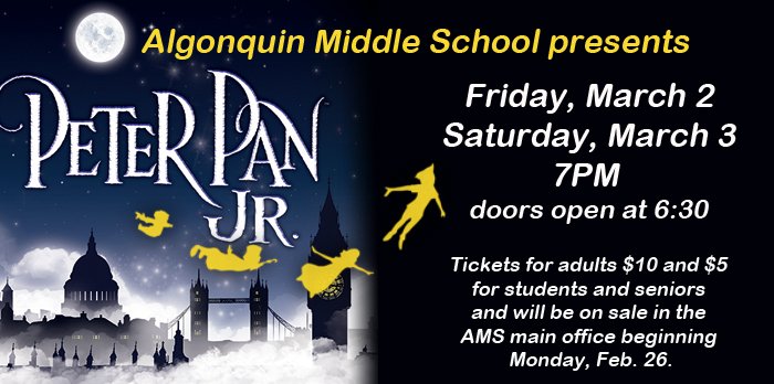 APAlgonquinMS's tweet image. Good news! Tickets for this weekend&apos;s production of Peter Pan Jr. are now on sale in the main office. #PeterPanJr #AMS #Talentedkids