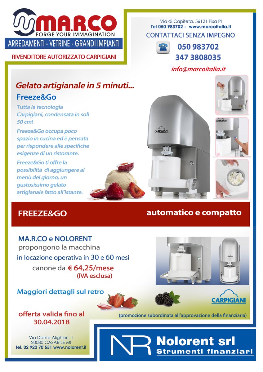 nolorentmi's tweet photo. contattaci senza impegno: 0292270551 - info@noloend.it
 #freezeandgo
 #carpigiani #macchinegelato #gelatoartigianale
 #marconolorent #marconoloend #rivenditoricaripigiani
 @nolorentmi #nolorent #leasing #benistrumentali #locazioneoperativa #noleggio #noloend #soluzionifinanziarie https://t.co/Zkpi3IlBMb