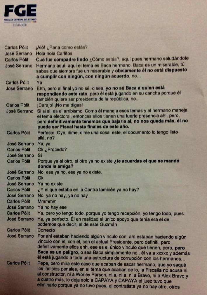 #ATENCIÓN
El Fiscal Carlos Baca Mancheno publica supuestos audios de conversación con excontralor Carlos Pólit y formula fuertes acusaciones en contra del presidente de la Asamblea José Serrano por “pactar” con un prófugo de la Justicia ecuatoriana.