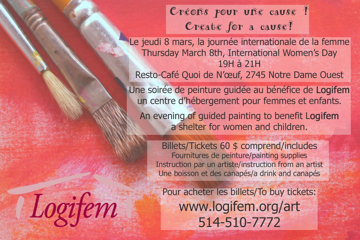 logifem's tweet image. We still have tickets left for our fundraising event, &quot;create for a cause&quot; on March 8 from 7-9 pm at @quoidenoeuf_mtl. Creating art in a great café to support women and children - what could be better? logifem.org/art