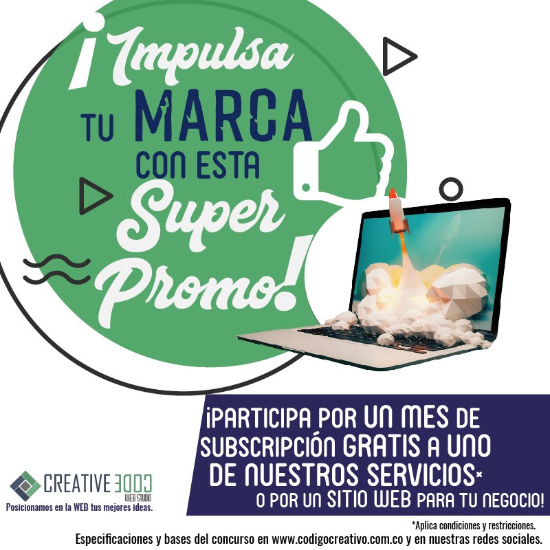 creativecodeing's tweet image. Si necesitas iniciar tu proyecto de marketing digital para tu negocio y no tienes los recursos esta es tu oportunidad. ¡Impulsa tu marca con esta super promo!
Link de la descripción y condiciones del concurso en: codigocreativo.com.co/concurso/sorte…
#Concurso #SocialMedia #Promoción #Code