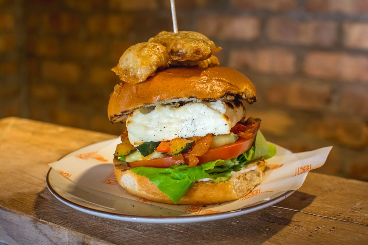 Say hello to "Cheezus loves you" our veggie burger. Grilled and marinated Piri-Piri halloumi, roasted Mediterranean veg, beef tomato and topped with deep fried frickles. #edinburgh #edinburghfood