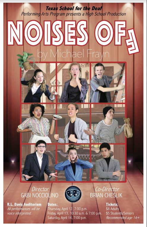 TSD will host a performance by their students. Come and enjoy the show! 
Dates: Thursday, April 12th to Saturday, April 14th, 2018
Time: 10:30am/ 7pm on all dates
Location: Texas School for the Deaf, R.L. Davis Auditorium 
Admissions:  $8 Adults; $5 Students/ Senior