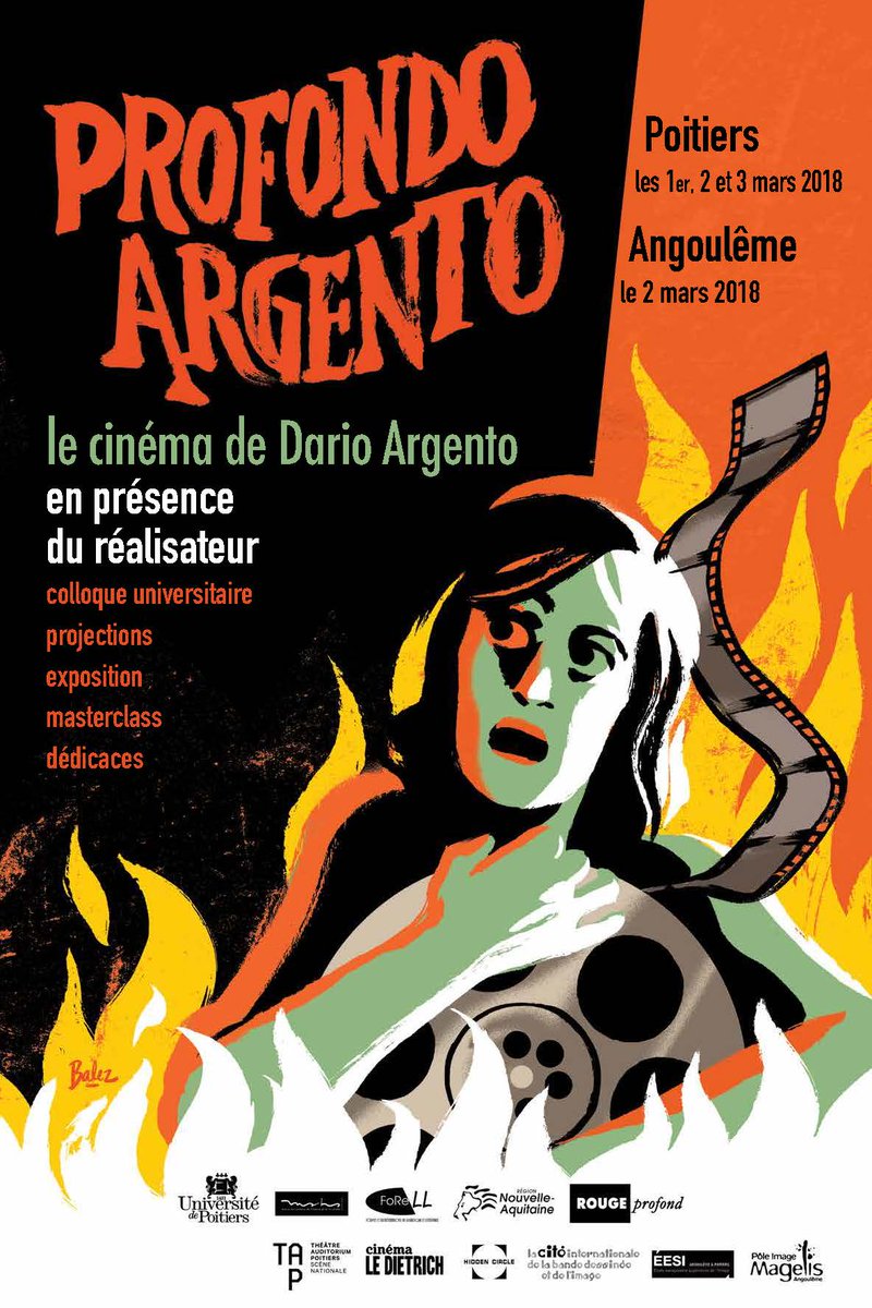 UnivPoitiers's tweet photo. 🎥👁🗨 Du 1er au 3 mars 2018 se tiendra le #colloque « Profondo Argento, le cinéma de Dario Argento » à #Poitiers et à #Angoulême, en présence du réalisateur #DarioArgento organisé par le laboratoire #FoReLL
#cinéma #films #épouvante #art #peinture
https://t.co/y83oPYPOZw https://t.co/gckZCVLbfm