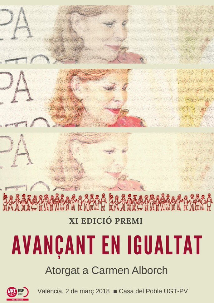 UGT_SP_PV's tweet photo. XI Edició Premi 
AVANÇANT EN IGUALTAT 
atorgat a CARMEN ALBORH
📅 2 Març 
⏱ 12.30 h
📍Saló d’Actes Casa del Poble UGT València 
#AvançantEnIgualtat 
Vos esperem❗️ https://t.co/ry0VI7SV6X