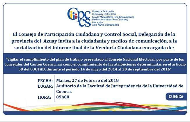 Invitamos a la ciudadania en general a ser parte la socialización de la #VeeduríaCiudadana encargada de vigilar la gestión del #ConcejoCantonalCuenca @mercurioec <a href="/eltiempocuenca/">Diario EL TIEMPO</a> <a href="/radialvision/">Radio Visión 106.1FM</a> <a href="/RadioCatolicaC/">Radio Católica Cuenca 98.1fm-98.5fm</a> <a href="/splendid1040/">Splendid 1040</a> <a href="/radiocuenca1180/">Radio Cuenca 1180 am</a> <a href="/CanalRTU/">Canal RTU</a> <a href="/teleamazonasec/">Teleamazonas</a> @teleramaec
