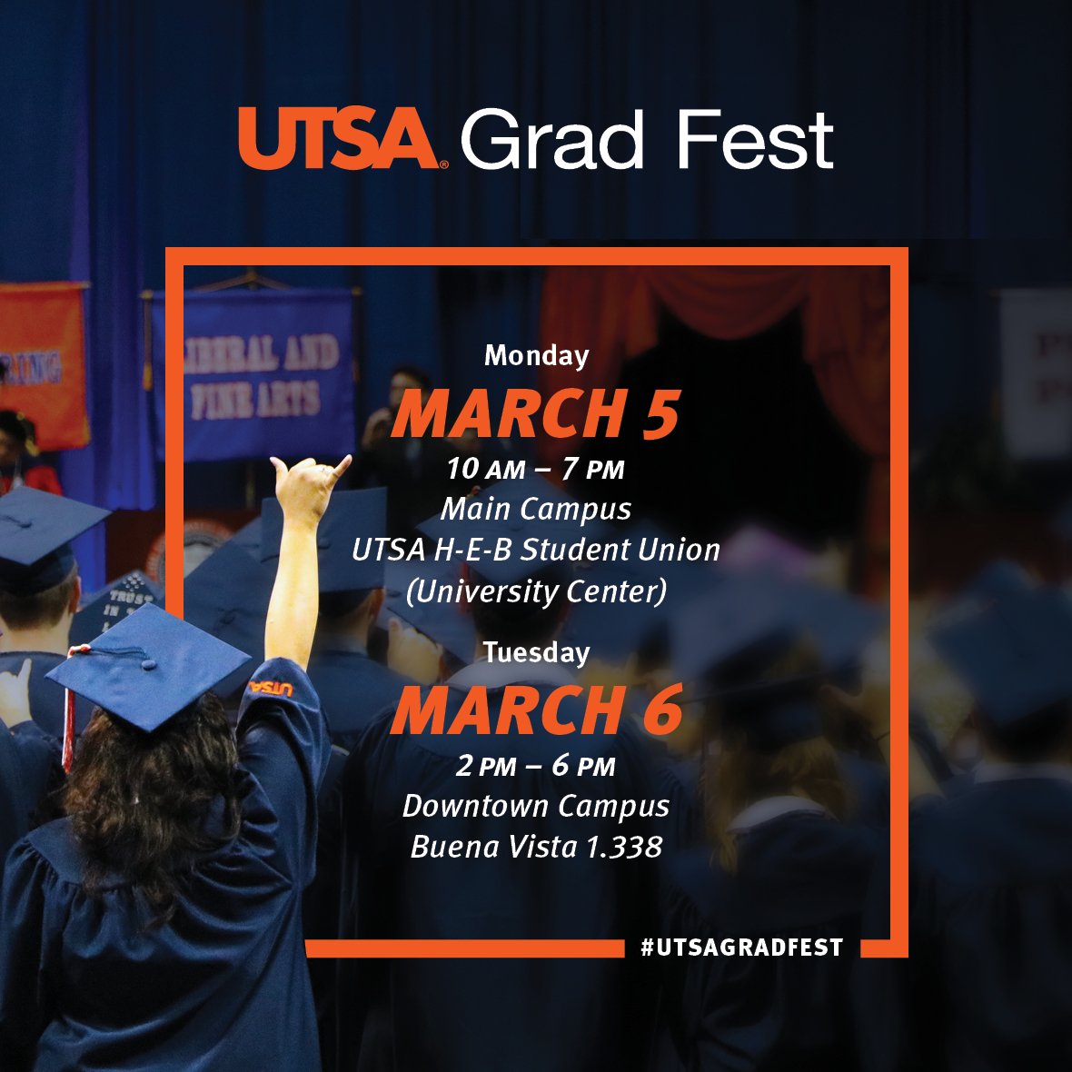 StudentsAtUTSA's tweet image. Graduating this spring? Get ready for commencement at #UTSAGradFest next week! Learn more at utsa.edu/gradfest #UTSA #UTSAGrad18 🎓