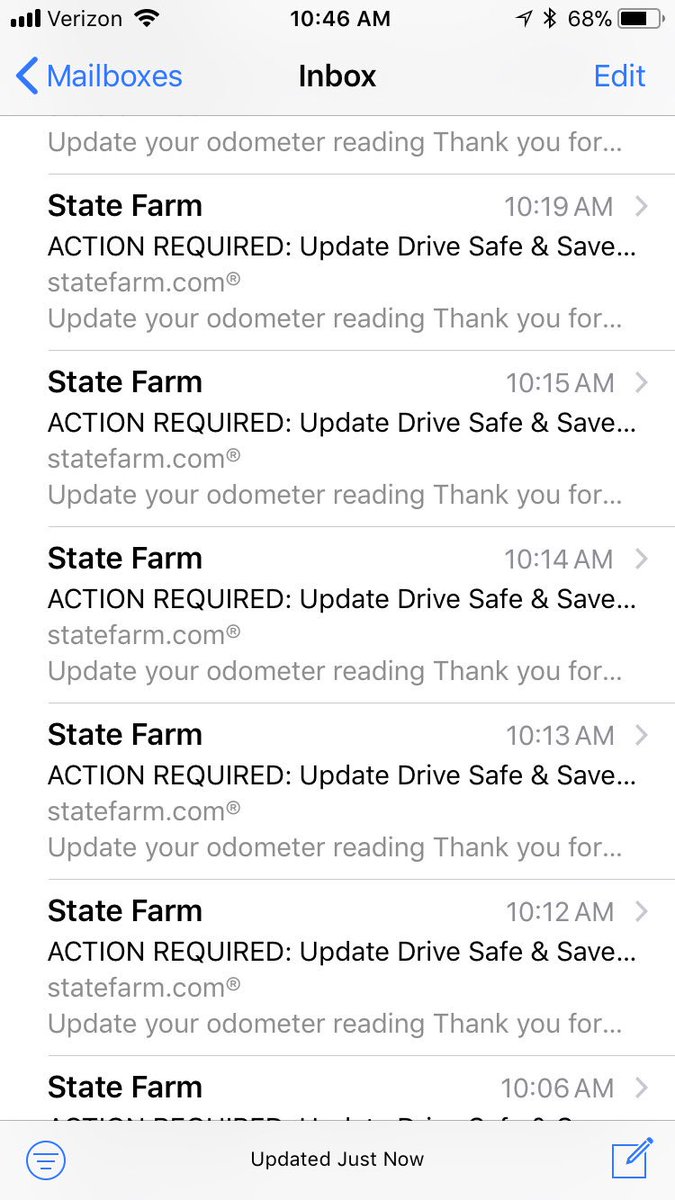 Sipesy's tweet photo. @StateFarm 42 emails and counting this morning. I’m starting to lose faith in my insurance company if they can’t stop the same email from going out that many times! https://t.co/nw812daguf