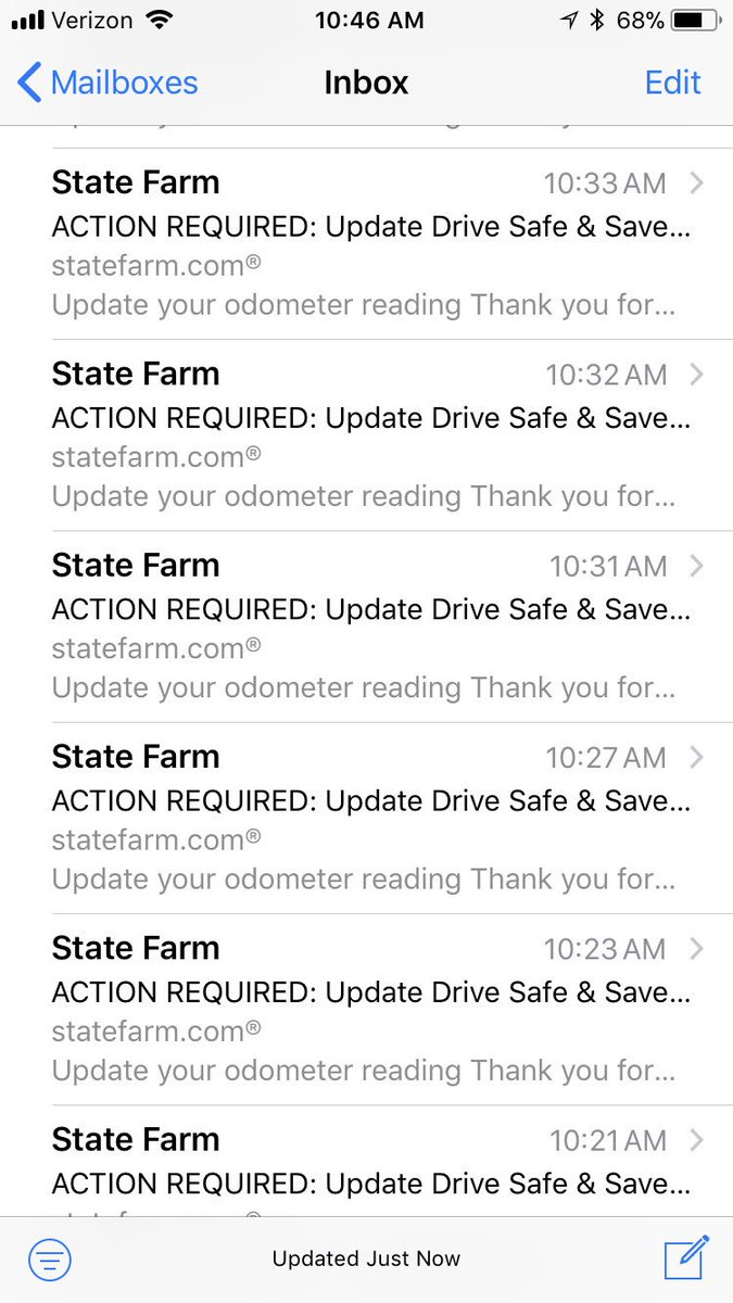 Sipesy's tweet photo. @StateFarm 42 emails and counting this morning. I’m starting to lose faith in my insurance company if they can’t stop the same email from going out that many times! https://t.co/nw812daguf