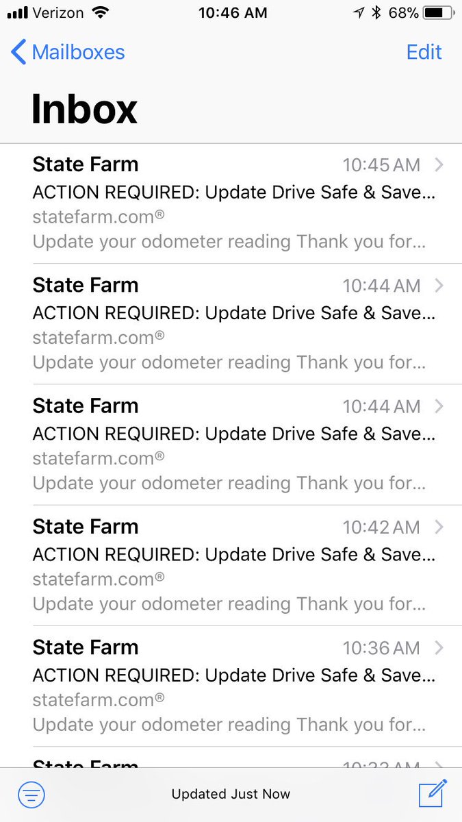 Sipesy's tweet photo. @StateFarm 42 emails and counting this morning. I’m starting to lose faith in my insurance company if they can’t stop the same email from going out that many times! https://t.co/nw812daguf