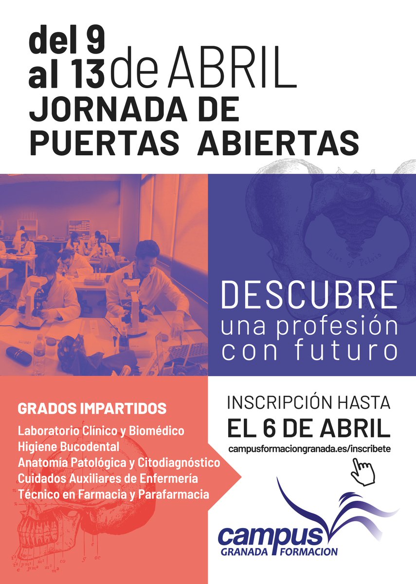 Del 9 al 13 de abril tenemos Jornada de Puertas Abiertas en nuestro Centro. Inscríbete hasta el día 6 de abril en nuestra web. Toda la info la encontrarás en campusformaciongranada.es/blog/noticias/…