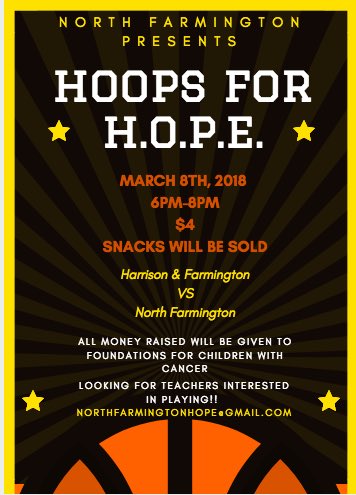 NFHSHope's tweet image. Hello! Please come support your high school at HOOPS FOR HOPE! Thursday March 8th from 6-8 pm! $4 entry!