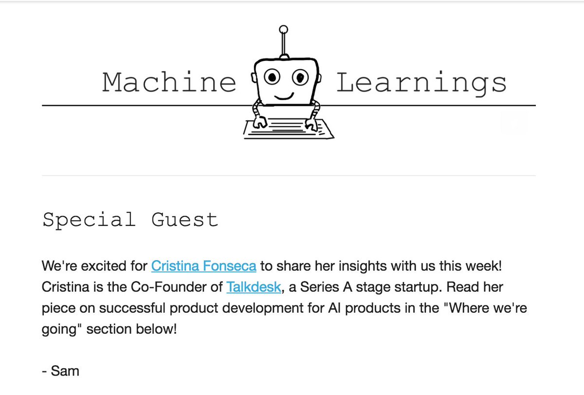Thanks @SamDeBrule for featuring me on the Machine Learnings newsletter! If you are not subscribed yet do it here: subscribe.machinelearnings.co