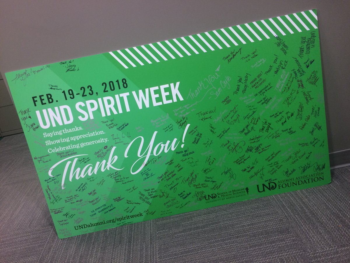 UNDSMHS's tweet photo. THANK YOU to the more than 130 students, faculty and staff who signed this poster thanking our donors during #UNDSpirit Week. Most importantly, THANK YOU to our donors who have helped lower student debt from well above to below the national average! #undproud https://t.co/Y9uwheo2R4