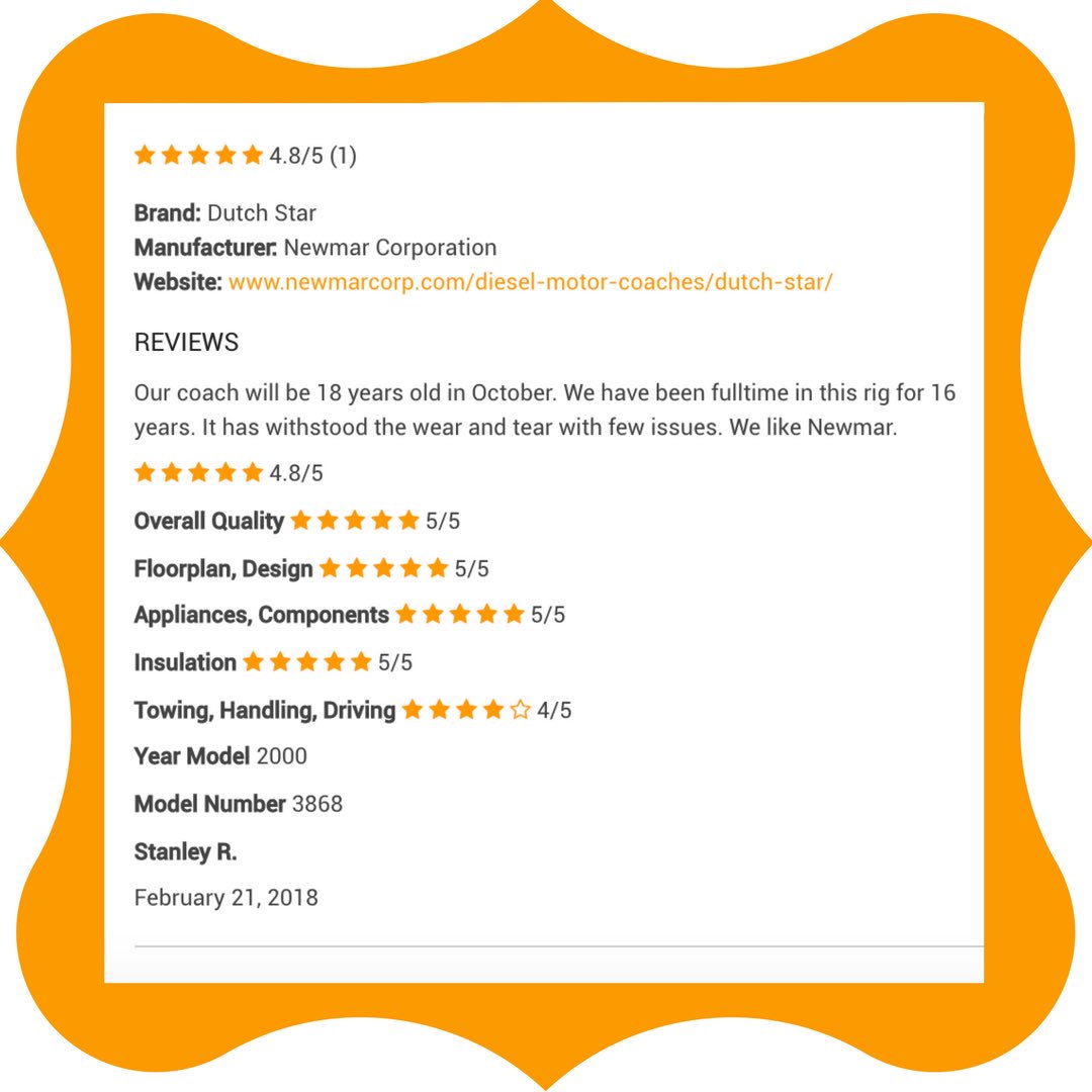 rvrater's tweet photo. Thank you Stanley for the great review on your Dutch Star motorhome! https://t.co/w1k1R6JFht #rvreviews #rvratings #rvrater #rvlife #rvlifestyle #rvliving #rvcamping #fulltimerv https://t.co/oDdGPtvR9L