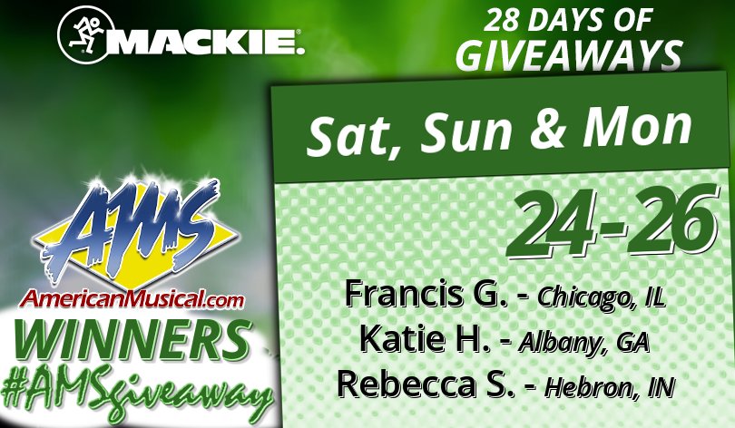 AmericanMusical's tweet photo. Congrats, to our Mackie #28DaysofGiveaways winners for Feb 24-26.
Francis G. of IL
Katie H. of GA
Rebecca S. of IN
Follow this link for your chance to Win @MackieGear MP220 In-Ears! https://t.co/CpGucp5lfR - Final Drawing Feb 28th.
--
#AMSgiveaway #Mackie https://t.co/QG5Dc71kUq