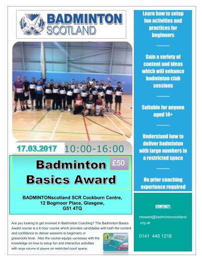 LOOKING TO BECOME A BADMINTON COACH? Why don't you sign up for our Badminton Basics Award course, Saturday 17th March, 10:00-16:00 at SCR Cockburn Centre in Glasgow. To book: badmintonscotland.azolve.com/workbench/publ… #coach #coaching #badmintonbasics #education