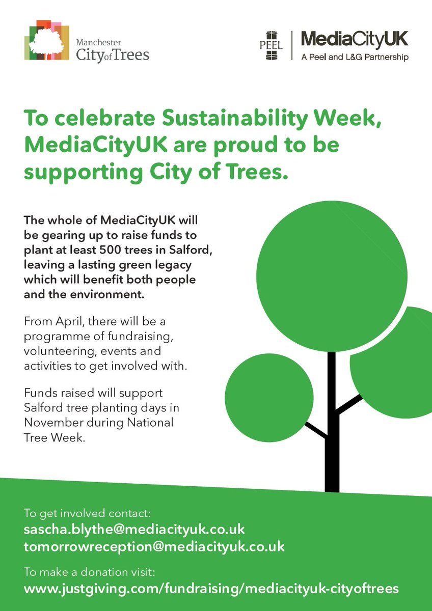 As a part of our ongoing commitment to Sustainability, <a href="/MediaCityUK/">MediaCityUK</a> are teaming up with <a href="/CityofTreesMcr/">City of Trees</a> to raise funds for tree planting in Salford. Help us leave a legacy! justgiving.com/fundraising/me…
