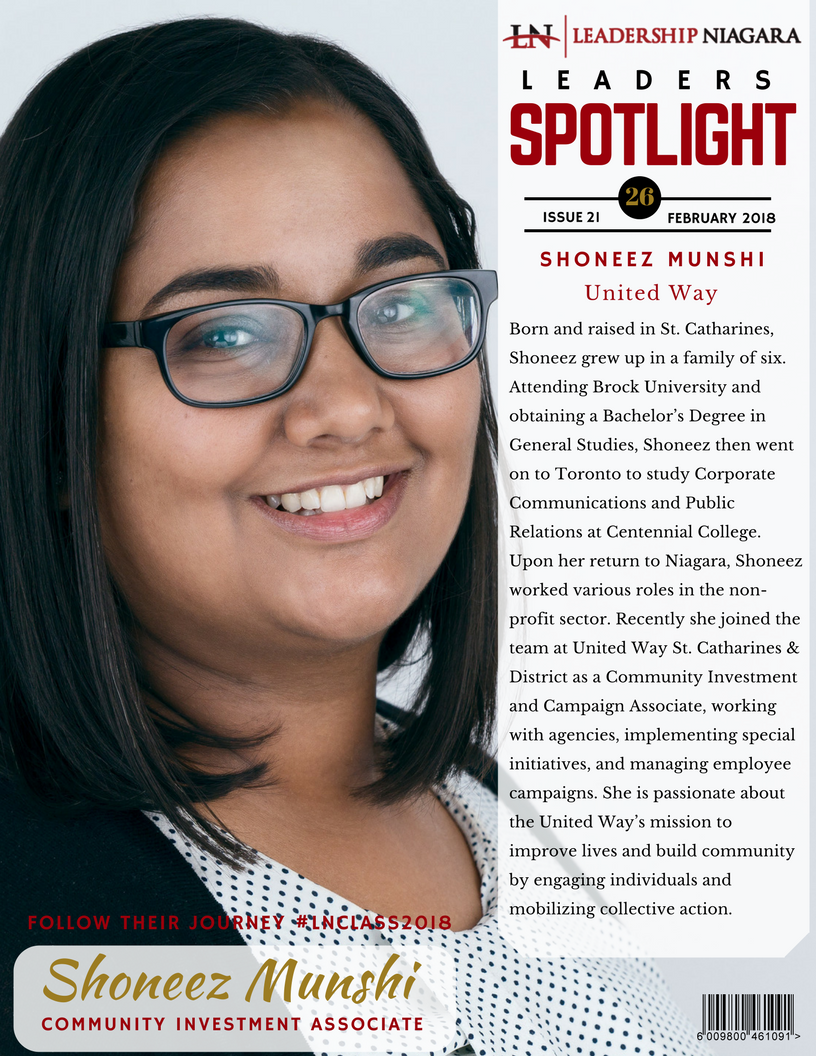 Lead_Niagara's tweet photo. TGIM and you that means we get to share another leader from our #LNClass2018. Meet Shoneez Munshi, Community Investment Associate at @uwaysc. Follow Shoneez and our leaders' journeys with #LNClass2018 https://t.co/9iNwdcpaIV